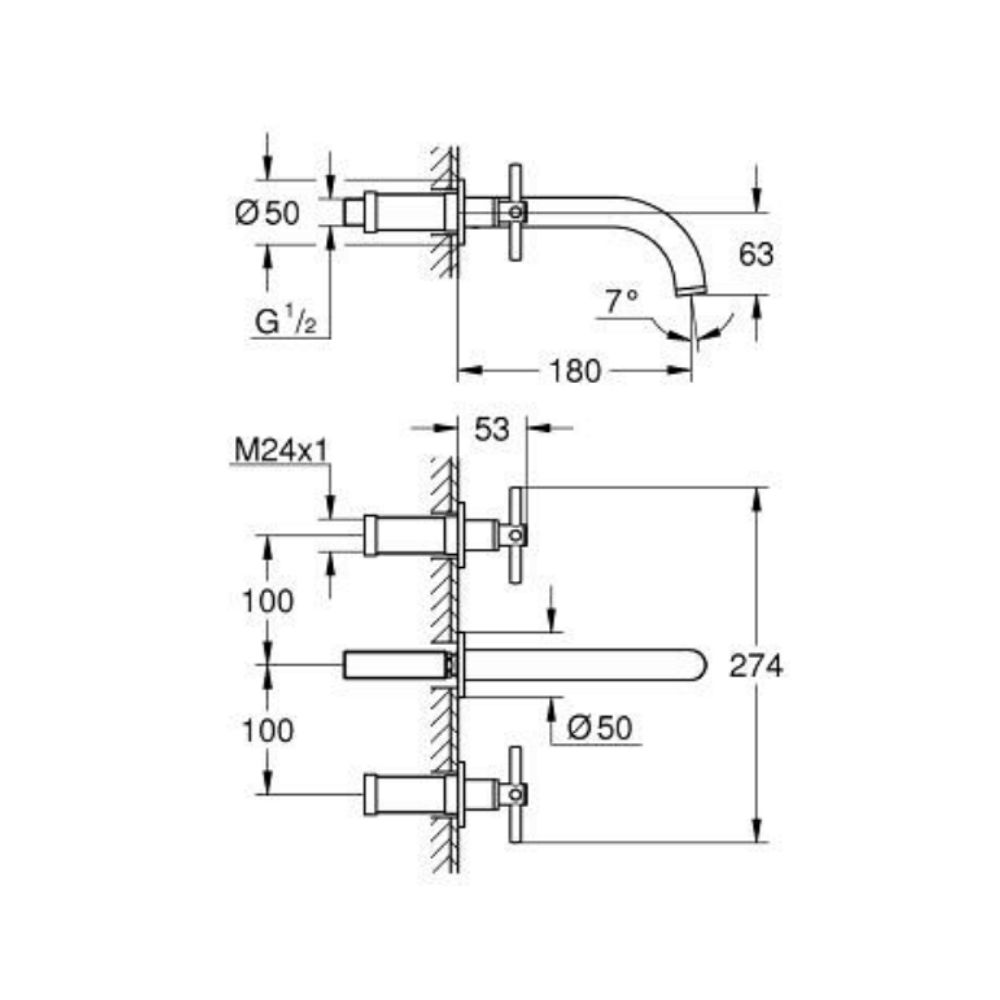 Vòi chậu gắn tường nóng lạnh 3 lỗ Atrio M-size GROHE 20661000