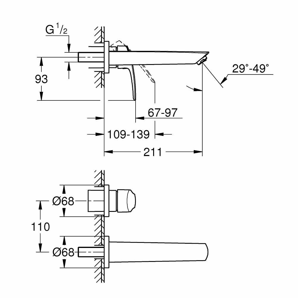 Vòi chậu gắn tường nóng lạnh 2 lỗ Eurosmart GROHE 29338003