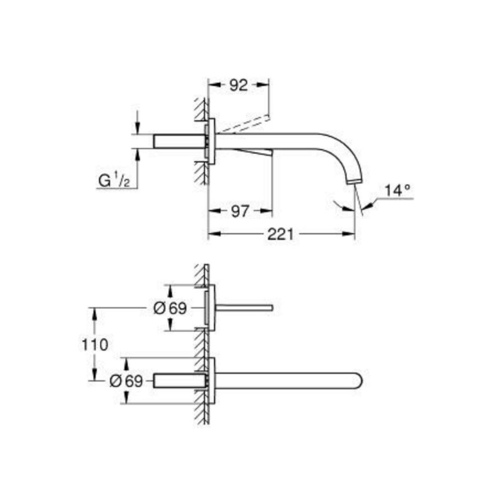 Vòi chậu gắn tường nóng lạnh 2 lỗ Atrio L-size GROHE 29406000