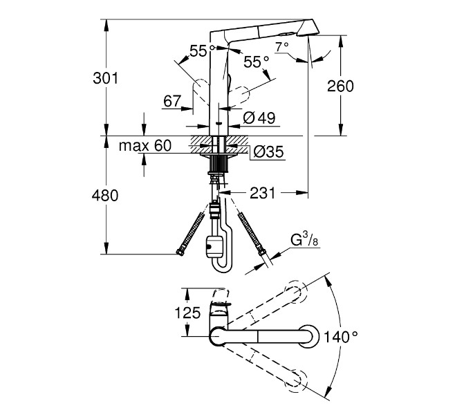 Vòi bếp dây rút nóng lạnh K7 Grohe 32176000