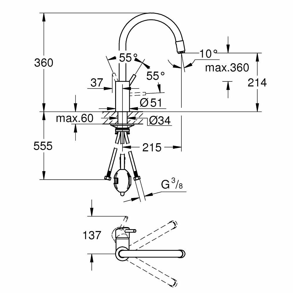Vòi bếp dây rút nóng lạnh Concetto GROHE 32663003