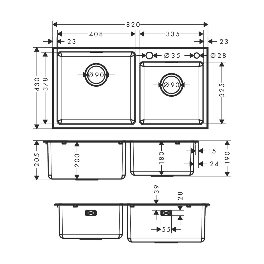 Chậu rửa chén 2 hố thép không gỉ S43 Hansgrohe 43346807