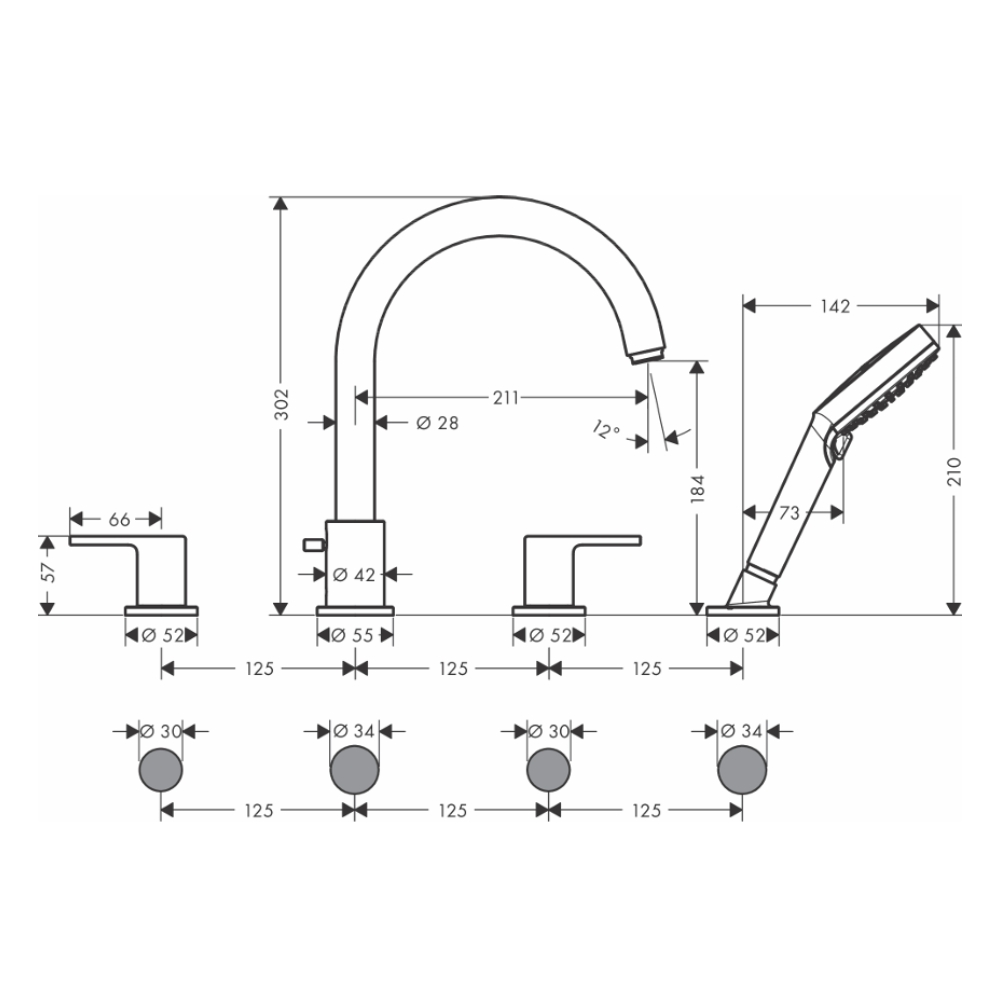 Bộ vòi bồn tắm nóng lạnh HG Vernis Shape Hansgrohe 71451007 (4 lỗ có tay sen)