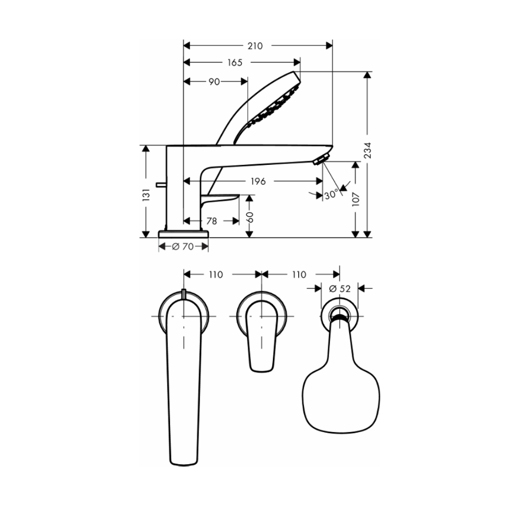 Vòi bồn tắm nóng lạnh Talis E Hansgrohe 71731000 (3 lỗ có tay sen)