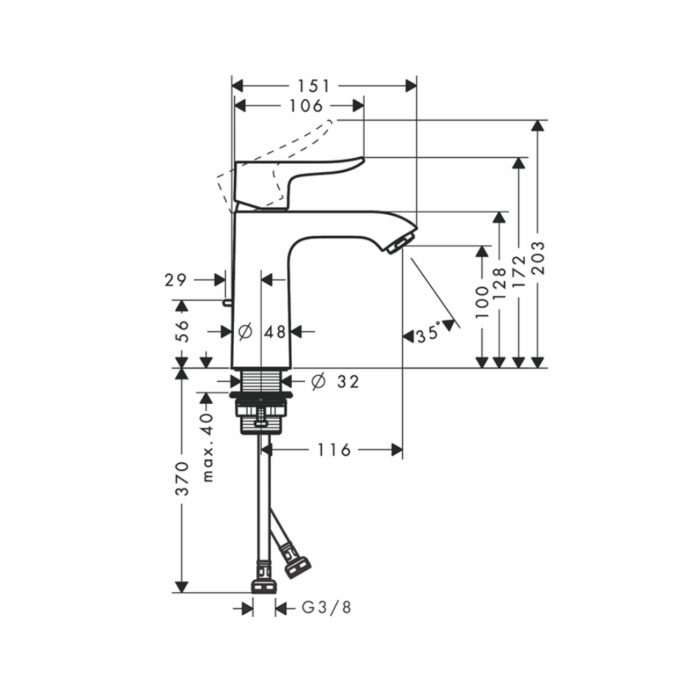 Bản vẽ kỹ thuật của vòi chậu lavabo nóng lạnh Metris 100 Hansgrohe 31080000