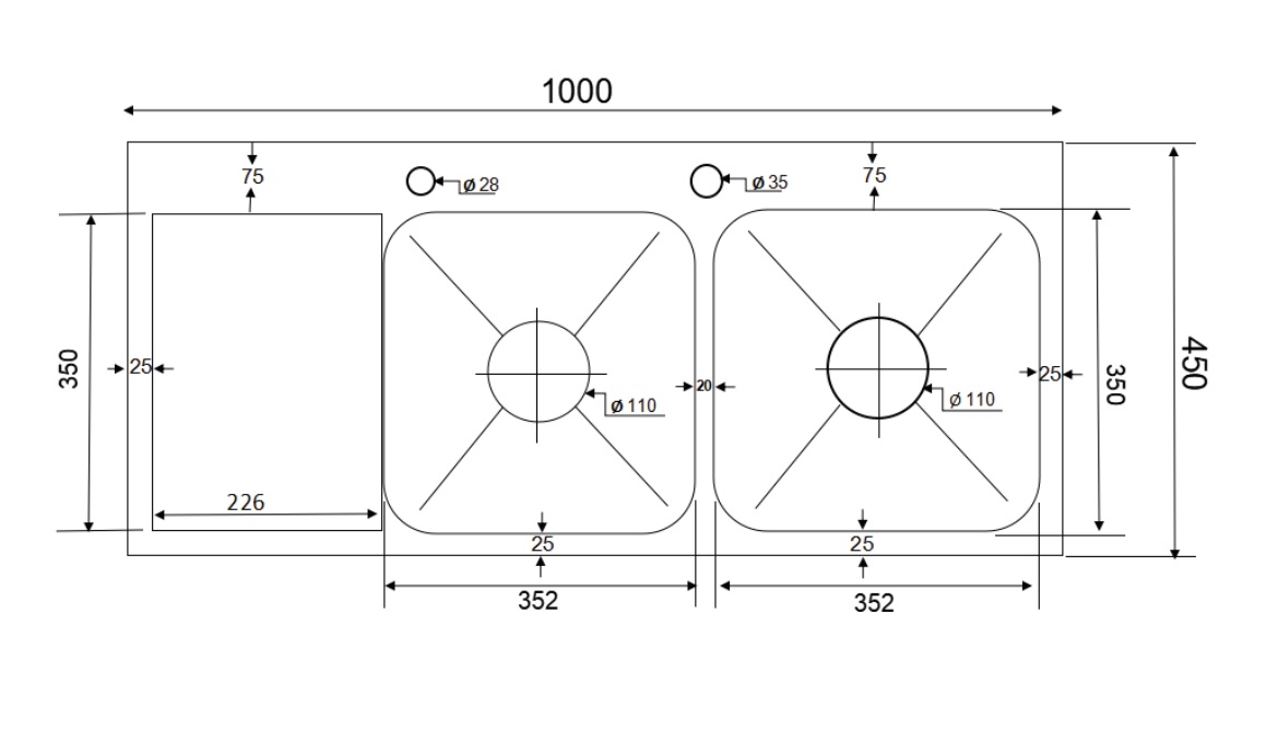 Chậu chén 2 hố inox 304 cánh trái 100x45 cm HITA HD10045BT-304