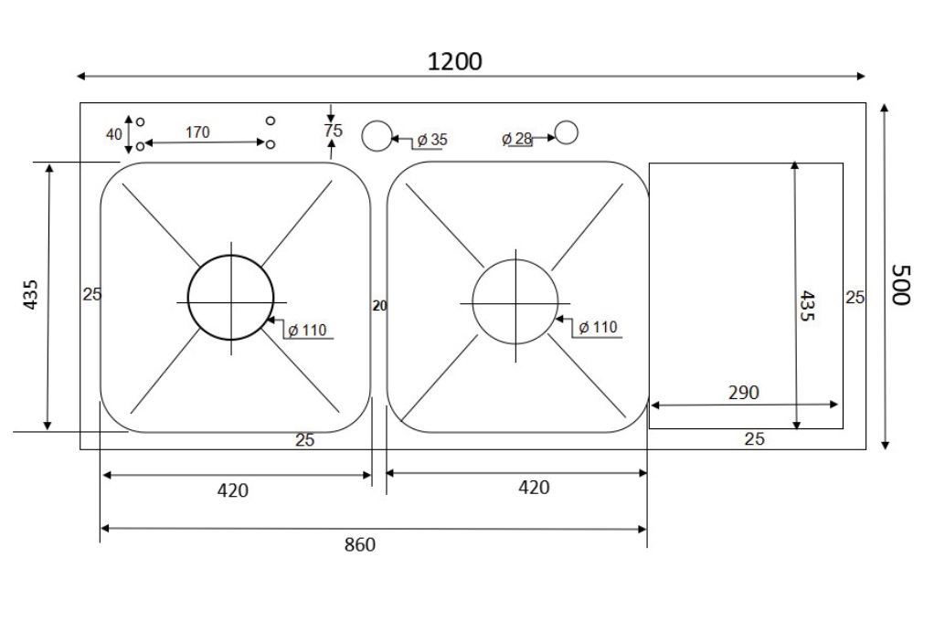 Chậu chén 2 hố inox 304 cánh phải 120x50 cm HITA HD12050-304