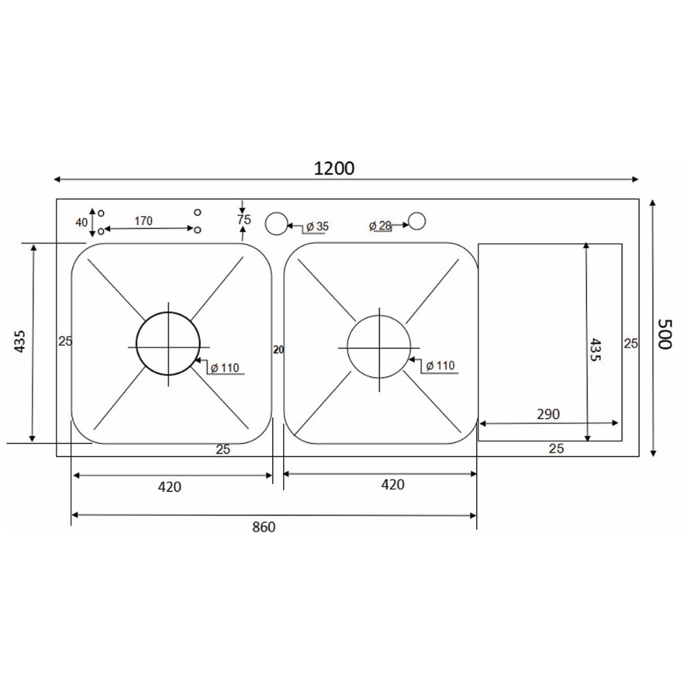 Chậu chén 2 hố cánh phải 120x50 cm HITA HD12050