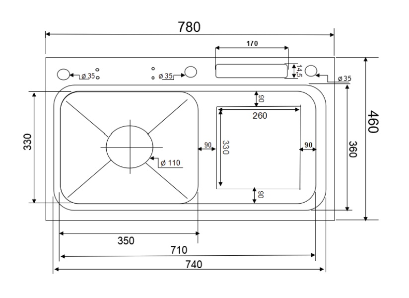 Chậu chén 1 hố inox 304 cánh phải 78x46 cm HITA HD7846B-304
