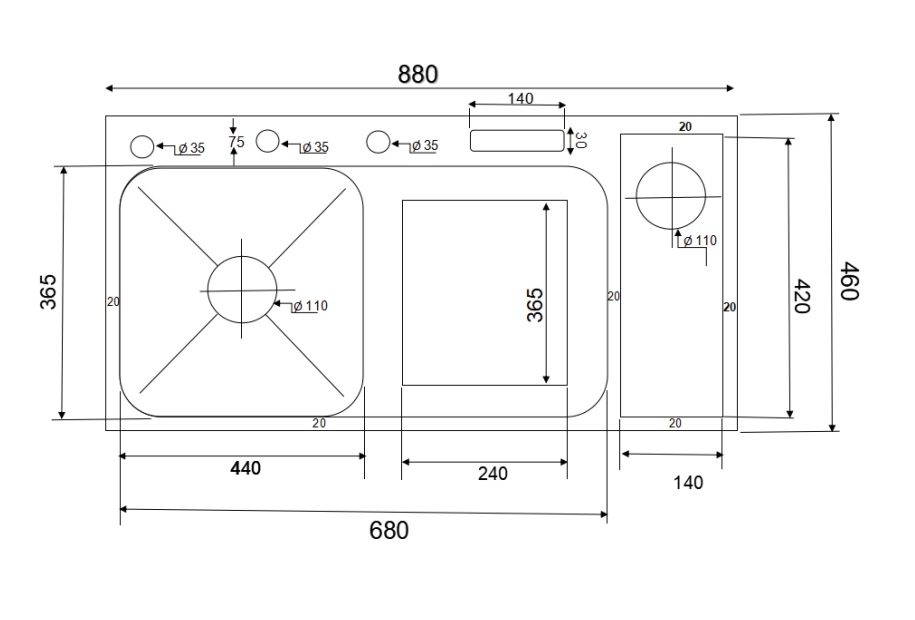 Chậu chén 1 hố cánh phải phủ nano đen 88x46 cm HITA HD8846RCD