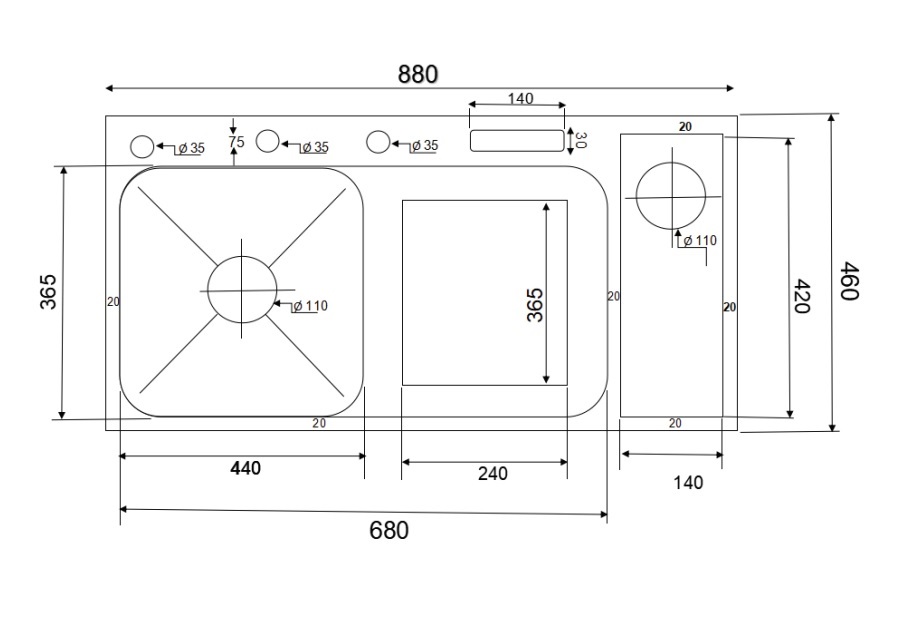Chậu chén 1 hố cánh phải phủ nano vàng 88x46 cm HITA HD8846RCV