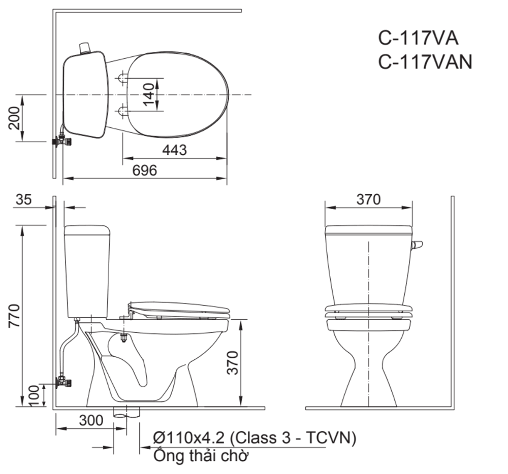 Bản vẽ kỹ thuật bồn cầu C-117VAN