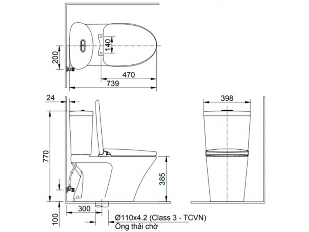 Bản vẽ kỹ thuật bồn cầu 2 khối INAX C-700VAN nắp êm