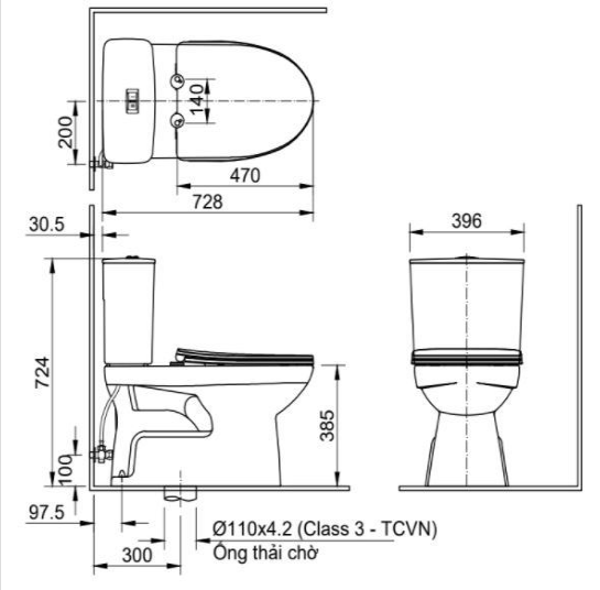 Bản vẽ kỹ thuật của bàn cầu INAX C-514VAN