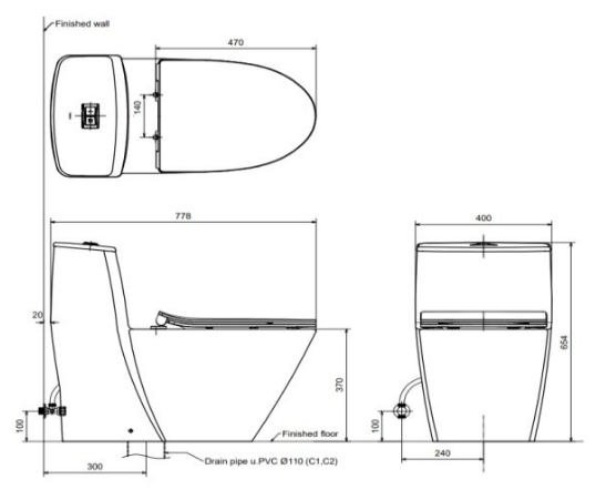 Bản vẽ kỹ thuật bồn cầu INAX AC-919VRN