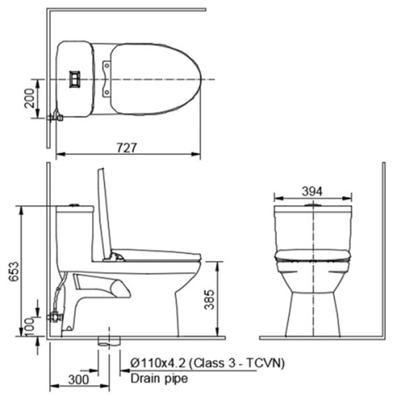 Bản vẽ kỹ thuật bồn cầu INAX C-969-S15VN 1 khối nắp rửa cơ