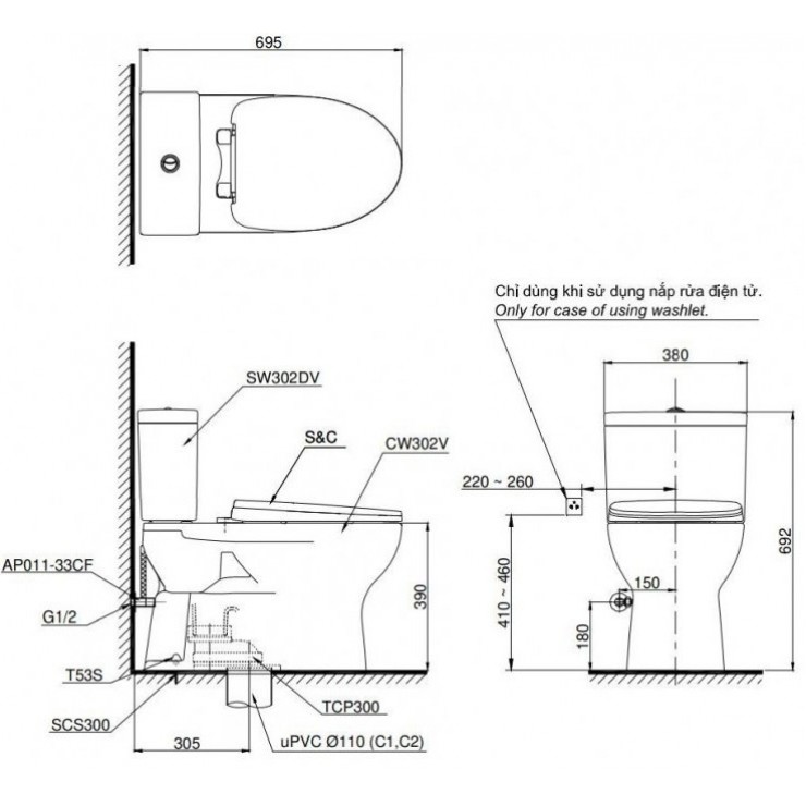 Bản vẽ kỹ thuật bồn cầu 2 khối nắp rửa cơ TOTO CS302DE2