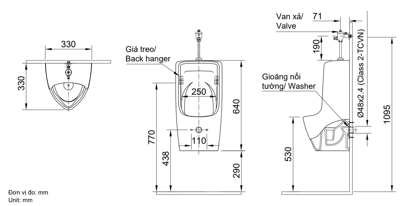 Bản vẽ kỹ thuật bồn tiểu nam treo tường INAX AU-431VR:
