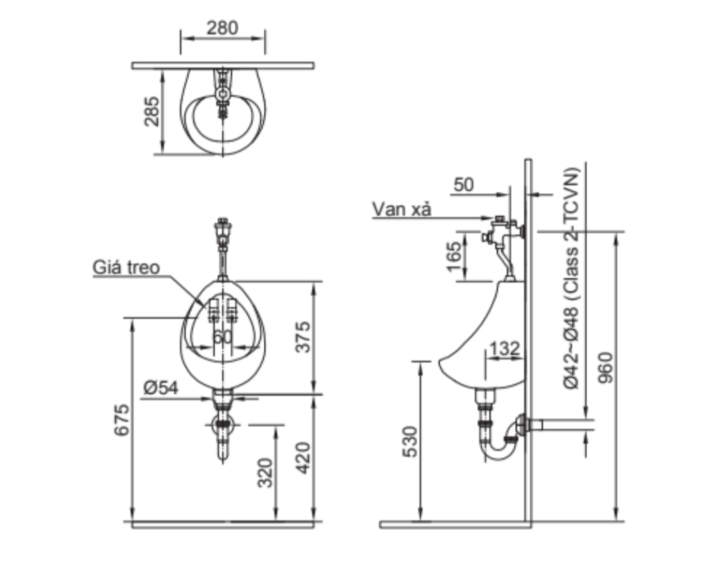 Bản vẽ kỹ thuật bồn tiểu nam INAX U-116V gắn tường 