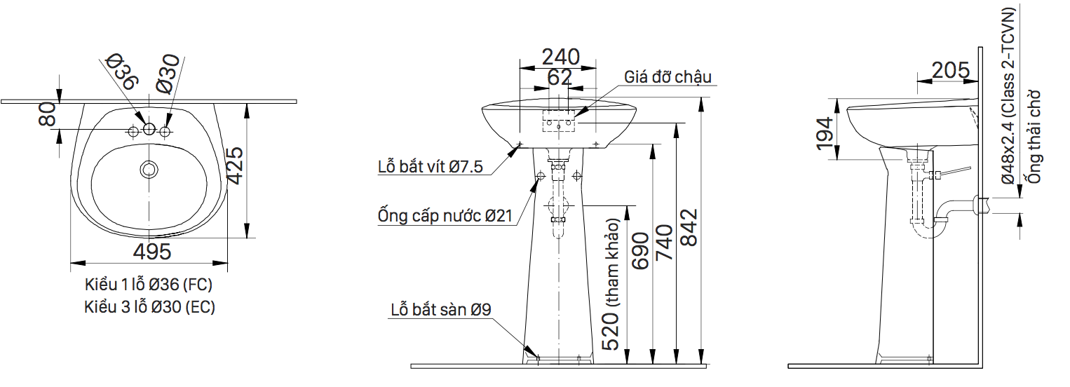 Bản vẽ kỹ thuật chân chậu rửa mặt lavabo treo tường INAX dài L-284VD 