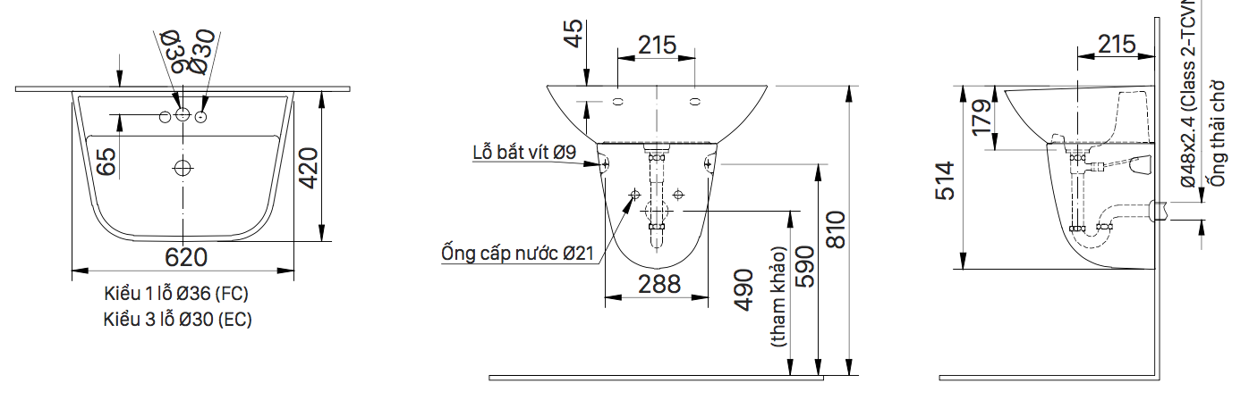 Bản vẽ kỹ thuật chậu lavabo treo tường INAX L-297V (EC/FC)