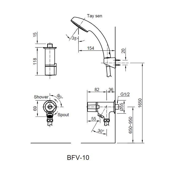 Bản vẽ kỹ thuật của vòi sen tắm INAX BFV-10-1C