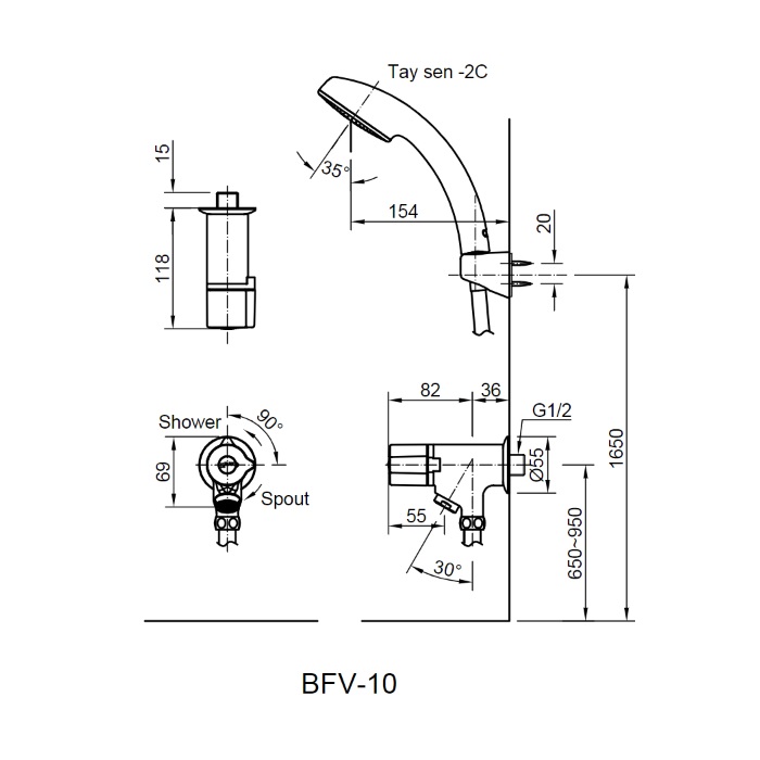 Bản vẽ kỹ thuật của bộ vòi sen tắm INAX BFV-10-2C