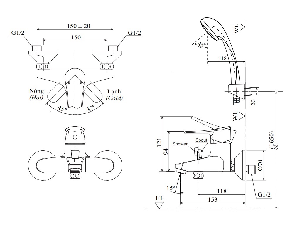 Bản vẽ kỹ thuật vòi hoa sen INAX nóng lạnh BFV-1003S-1C