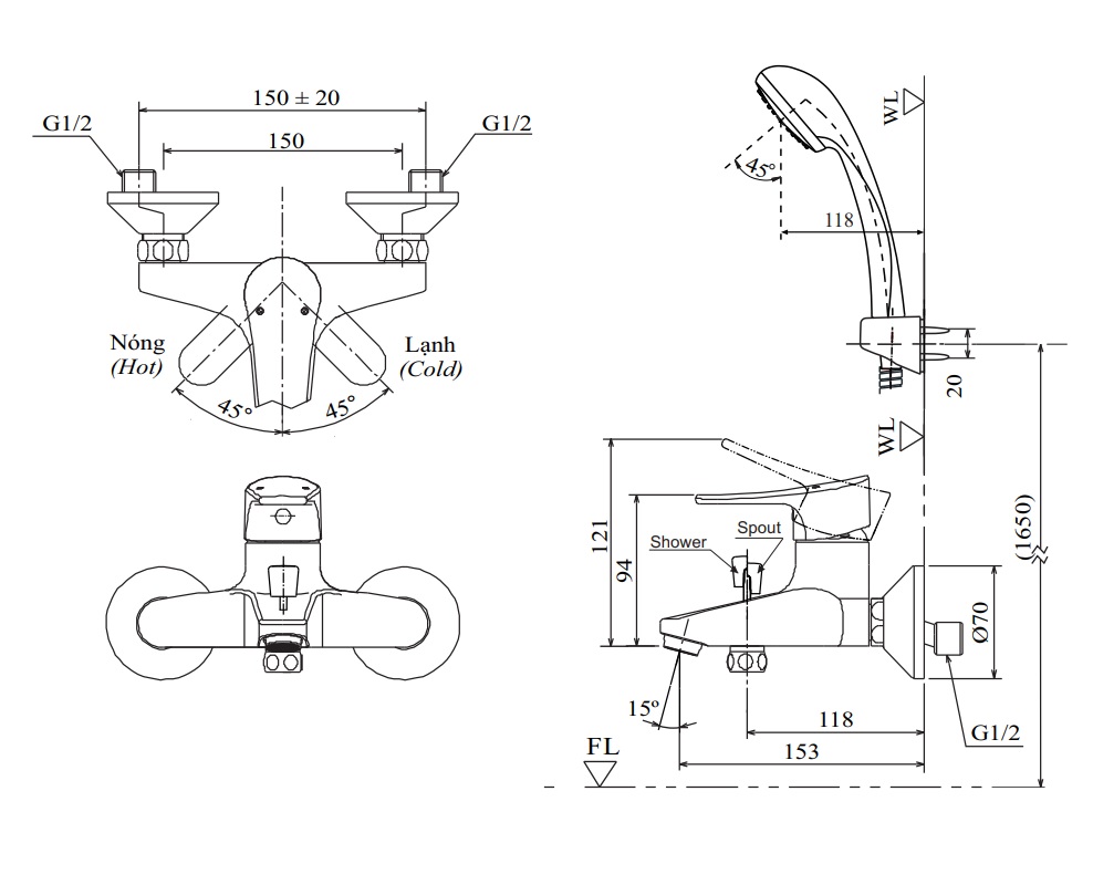 Bản vẽ kỹ thuật vòi hoa sen INAX nóng lạnh BFV-1003S-2C