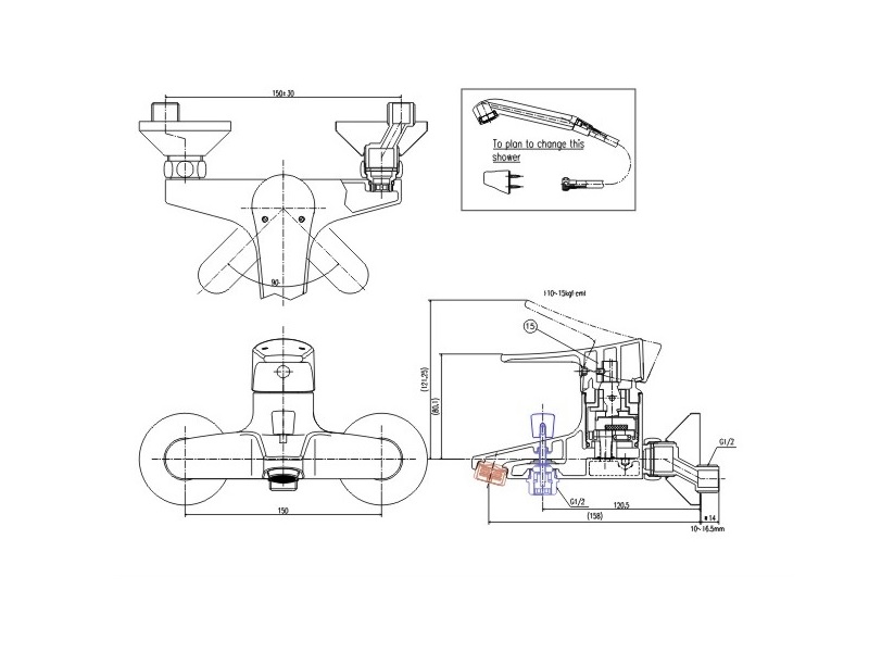 Bản vẽ kỹ thuật vòi hoa sen INAX nóng lạnh BFV-1003S