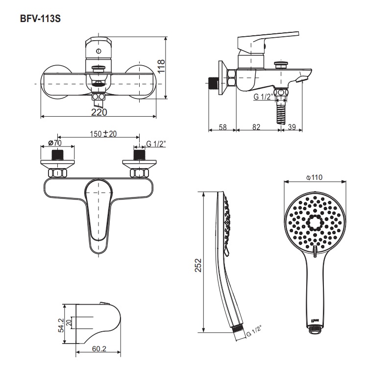Bản vẽ kỹ thuật của bộ vòi hoa sen INAX BFV-113S