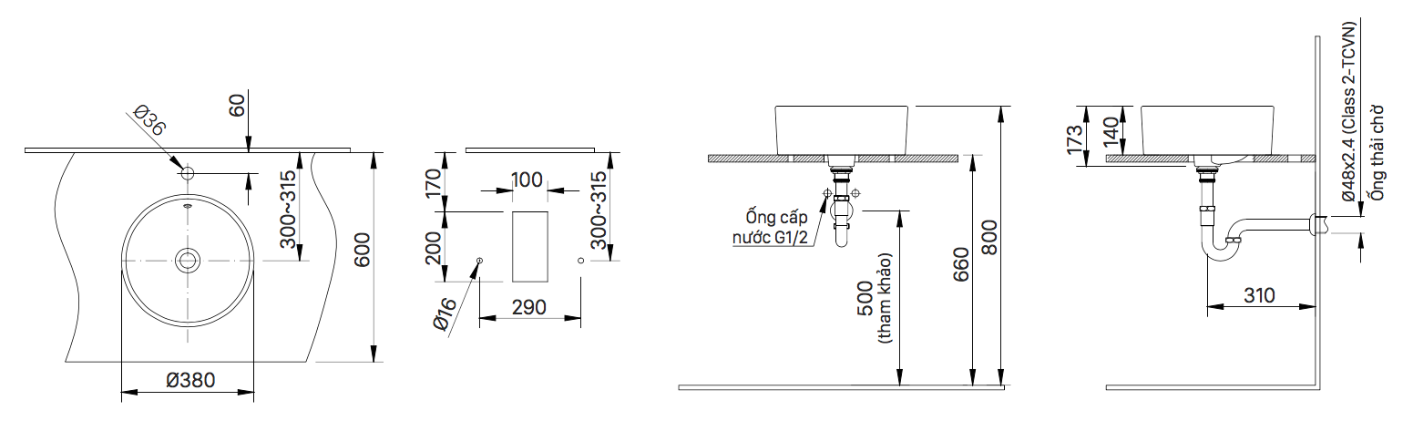 Bản vẽ kỹ thuật bồn rửa lavabo INAX đặt bàn L-295V