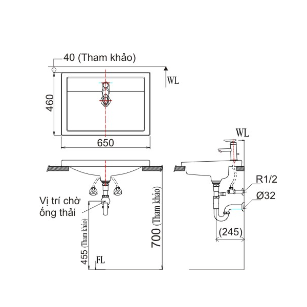 Bản vẽ kỹ thuật chậu rửa Lavabo INAX dương vành AL-2397V
