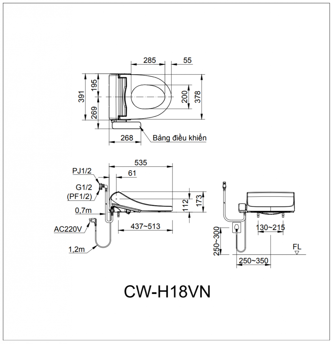 Bản vẽ kỹ thuật nắp bồn cầu INAX CW-H18VN