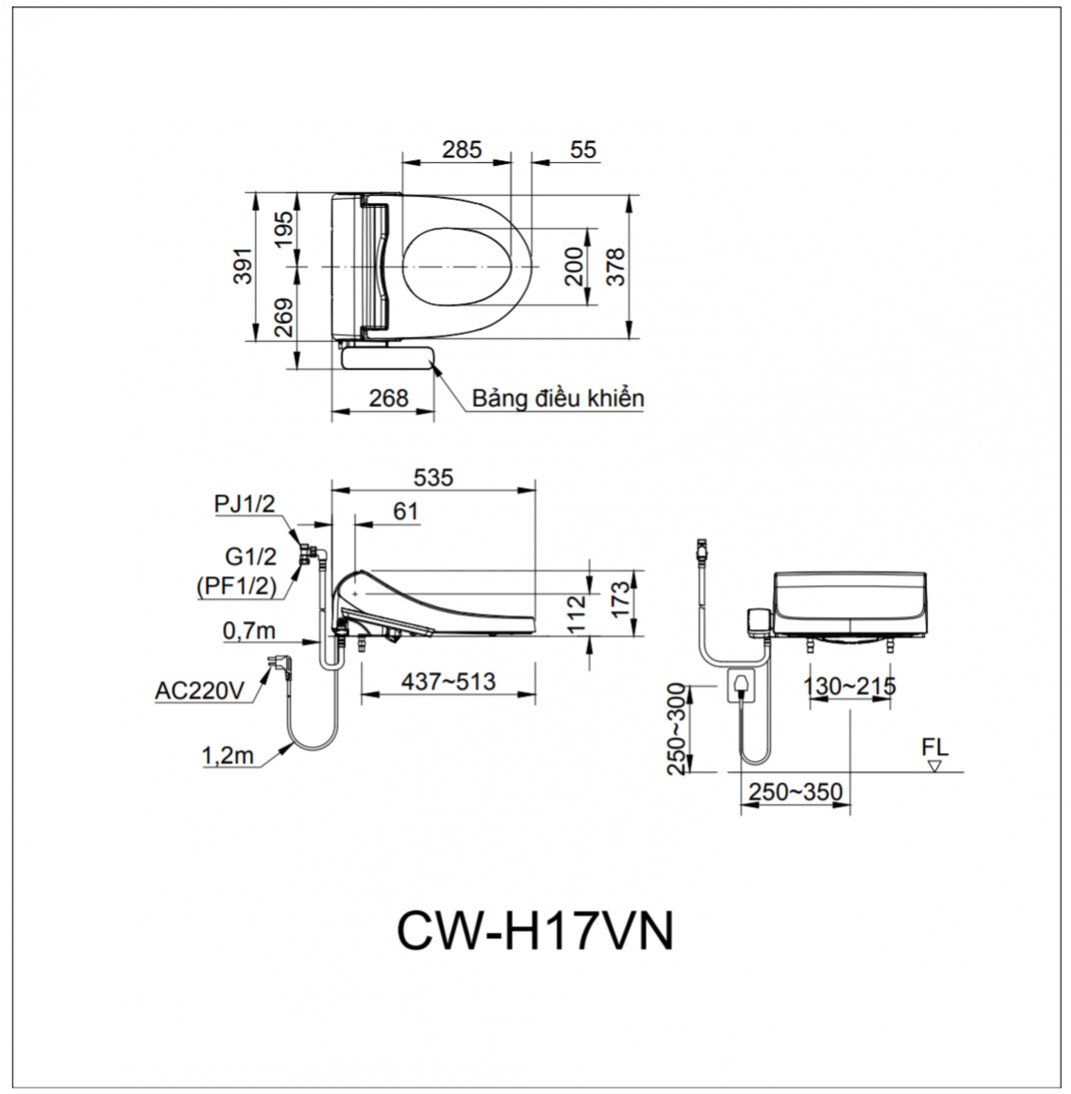 Bản vẽ kỹ thuật nắp bồn cầu INAX CW-H17VN