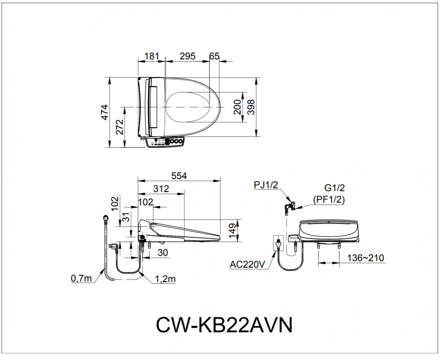 Bản vẽ kỹ thuật nắp bồn cầu INAX CW-KB22AVN