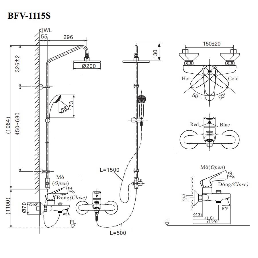 Bản vẽ kỹ thuật sen tắm đứng nóng lạnh INAX BFV-1115S-3C 