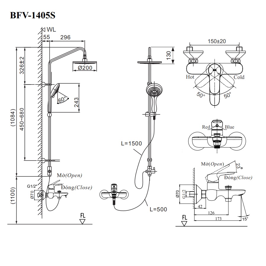 Bản vẽ kỹ thuật sen cây tắm nóng lạnh INAX BFV-1405S