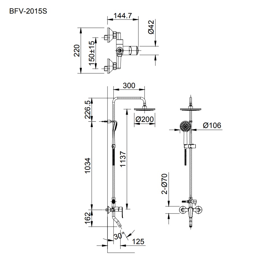 Bản vẽ kỹ thuật sen cây tắm nóng lạnh INAX BFV-2015S