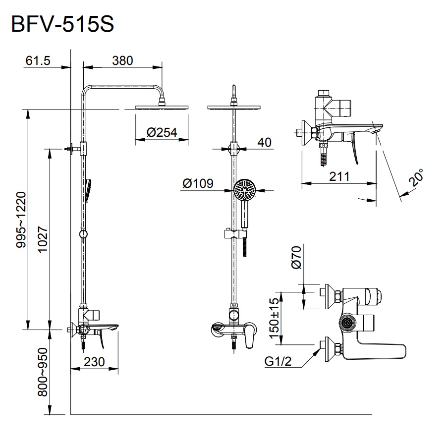 Bản vẽ kỹ thuật vòi sen cây tắm đứng nóng lạnh INAX BFV-515S