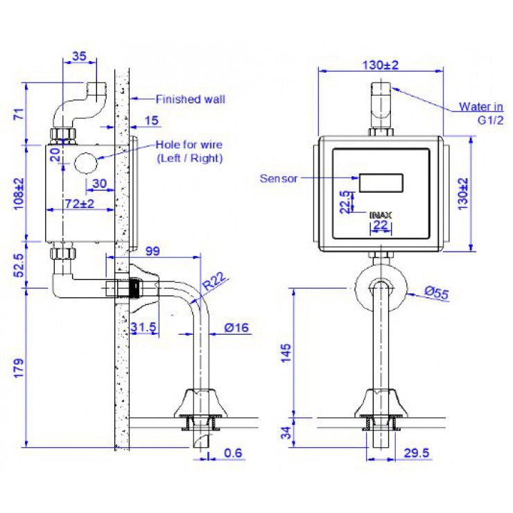 Bản vẽ kỹ thuật van xả tiểu INAX OKUV-30SM-0.5 cảm ứng