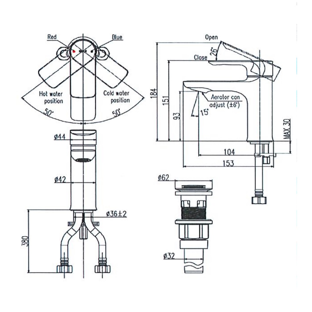Bản vẽ kỹ thuật vòi chậu INAX nóng lạnh LFV-612S