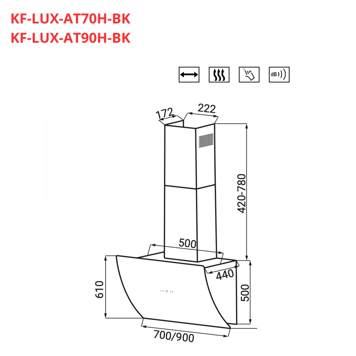 Máy hút mùi kính vút cong KAFF KF-LUX-AT70H-BK / KF-LUX-AT90H-BK
