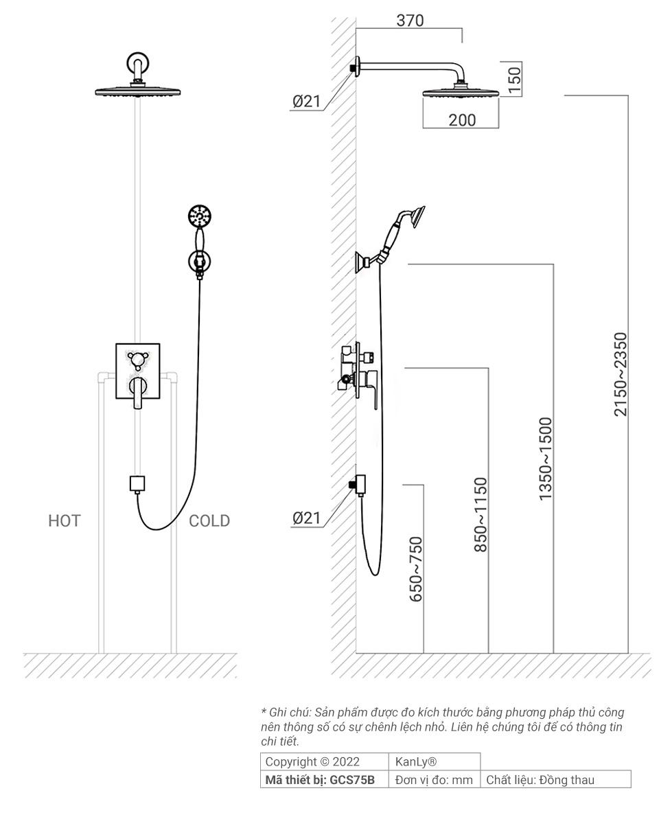 Sen tắm âm tường bằng đồng màu đen Kanly GCS75B