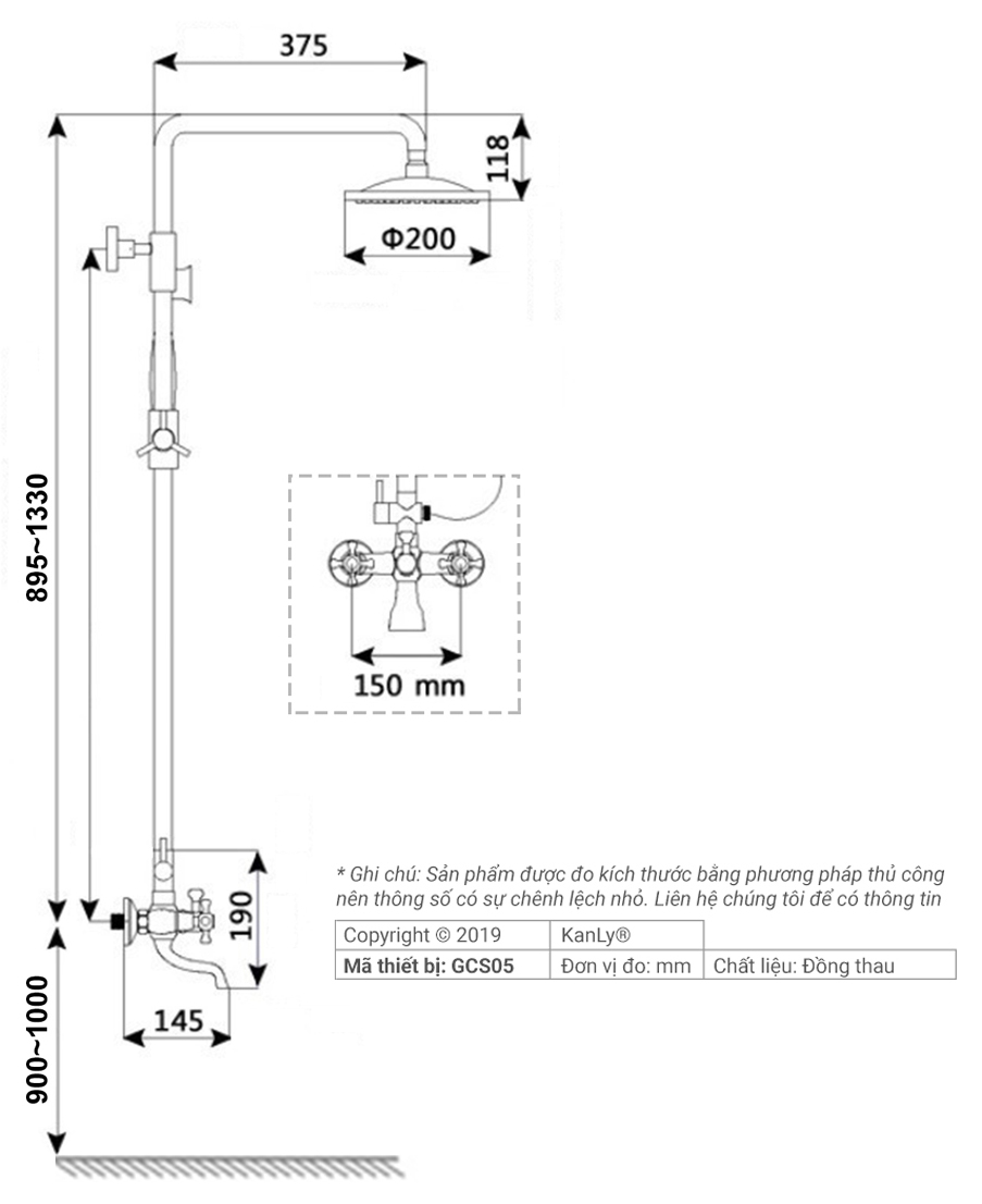 Bộ sen cây tắm đứng nóng lạnh bằng đồng Kanly GCS05B