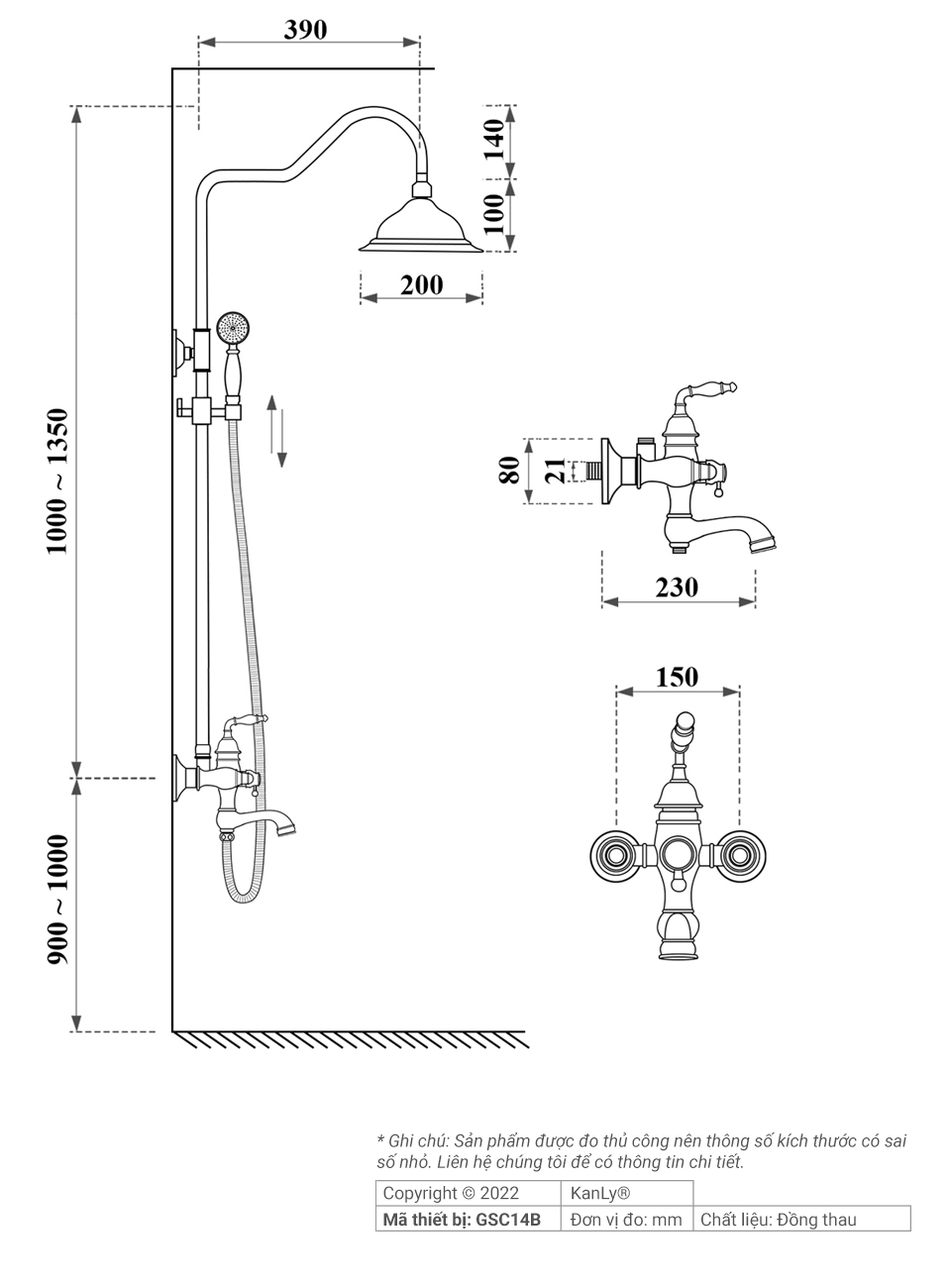 Bộ sen cây tắm đứng nóng lạnh bằng đồng Kanly GCS14B