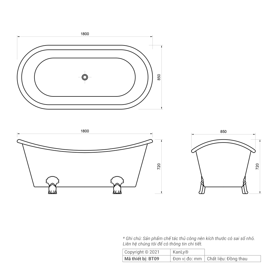 Bồn tắm bằng đồng 1.8m Kanly GCBT09 (Kanly BT09)