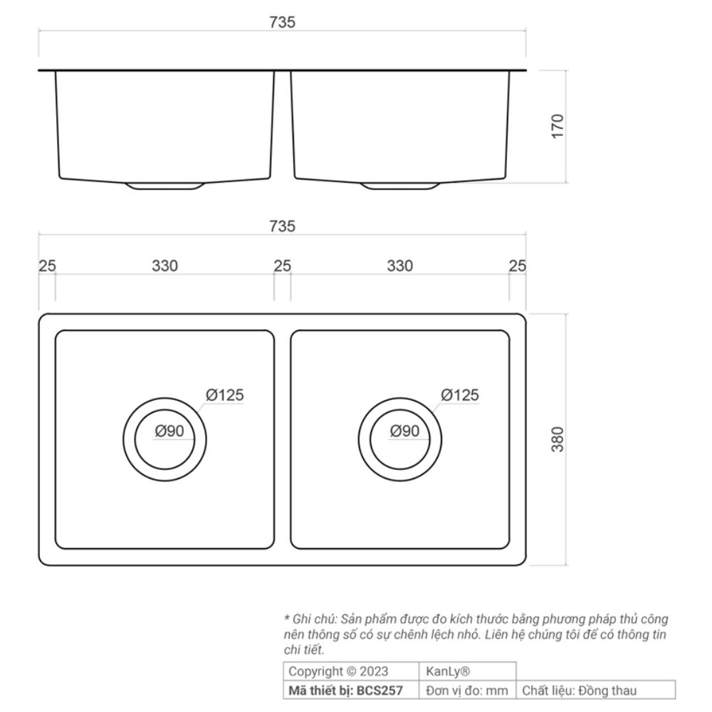Chậu rửa chén 2 hố bằng đồng Kanly BCS257