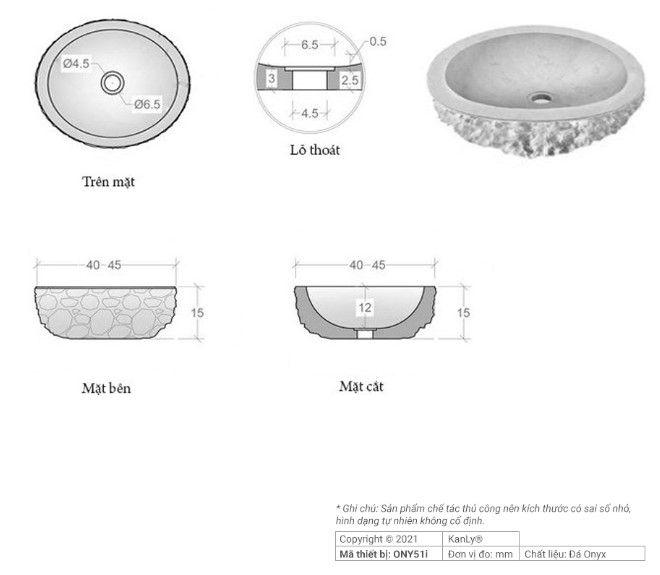 Chậu lavabo đặt bàn Kanly bằng đá ONYX ONY59i