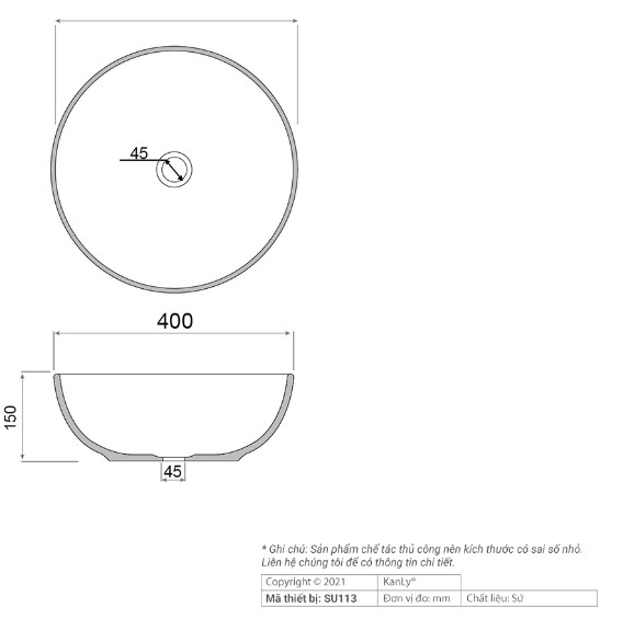 bản vẽ kỹ thuật chậu rửa mặt lavabo sứ hoa văn Kanly SU113